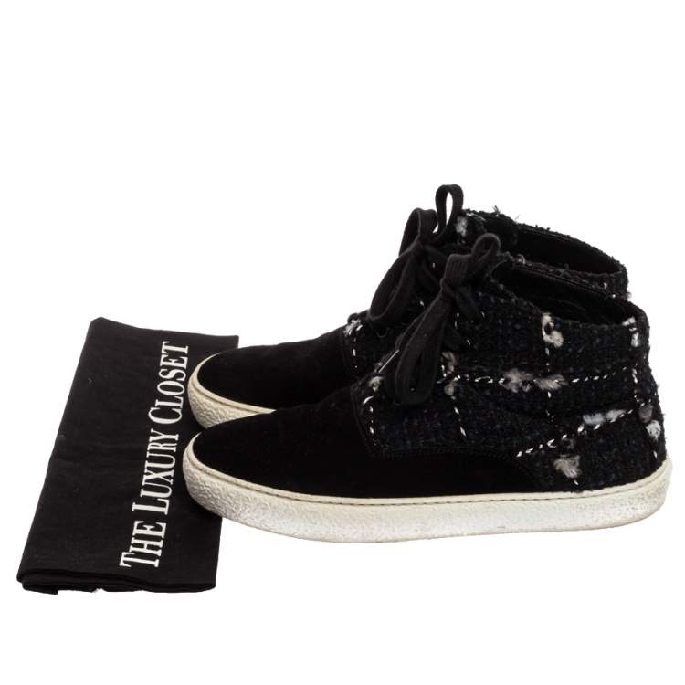 Pre Owned Chanel Black Tweed Fabric And Suede Leather High Top Sneakers Size 39