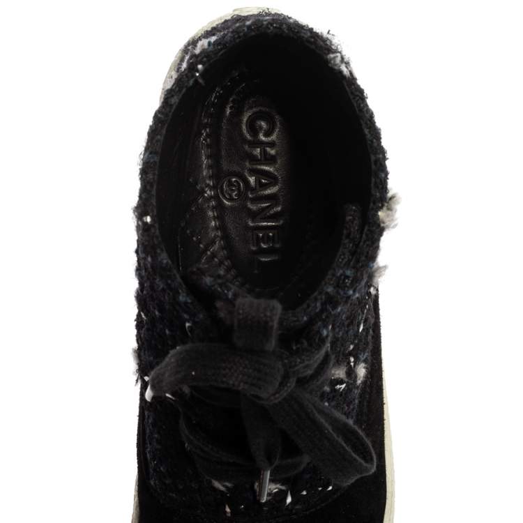 Pre Owned Chanel Black Tweed Fabric And Suede Leather High Top Sneakers Size 39
