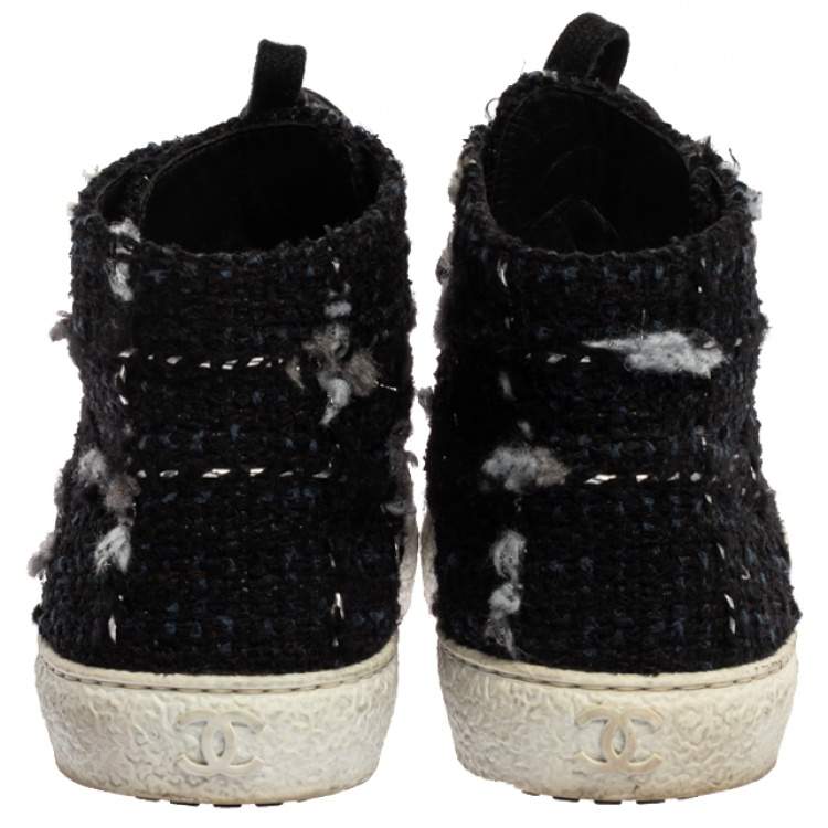 Pre Owned Chanel Black Tweed Fabric And Suede Leather High Top Sneakers Size 39