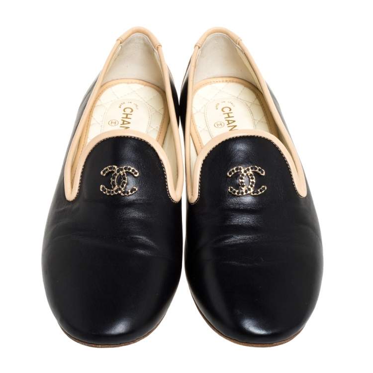 Pre Owned Chanel Black Leather CC Smoking Slippers Size 37.5