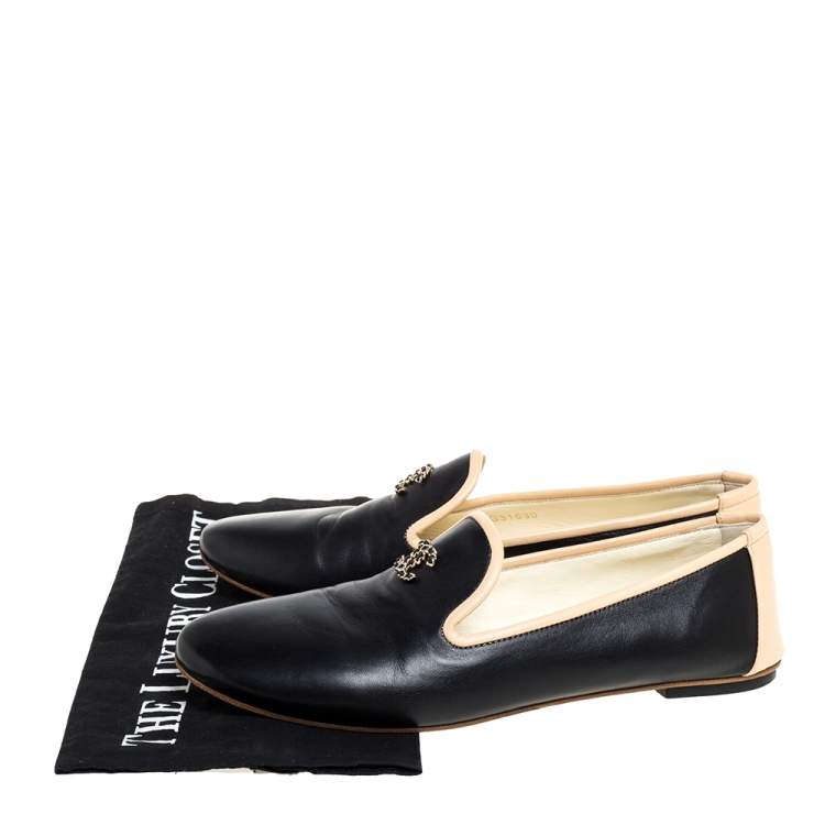 Pre Owned Chanel Black Leather CC Smoking Slippers Size 37.5