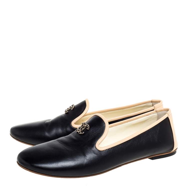 Pre Owned Chanel Black Leather CC Smoking Slippers Size 37.5