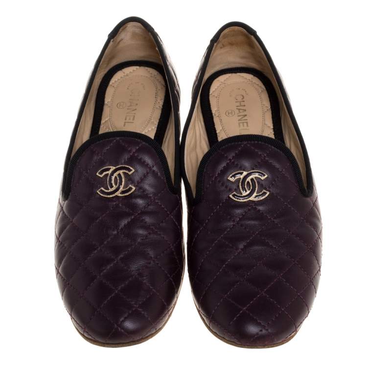 Pre Owned Chanel Burgundy Quilted Leather CC Smoking Slippers Size 38.5