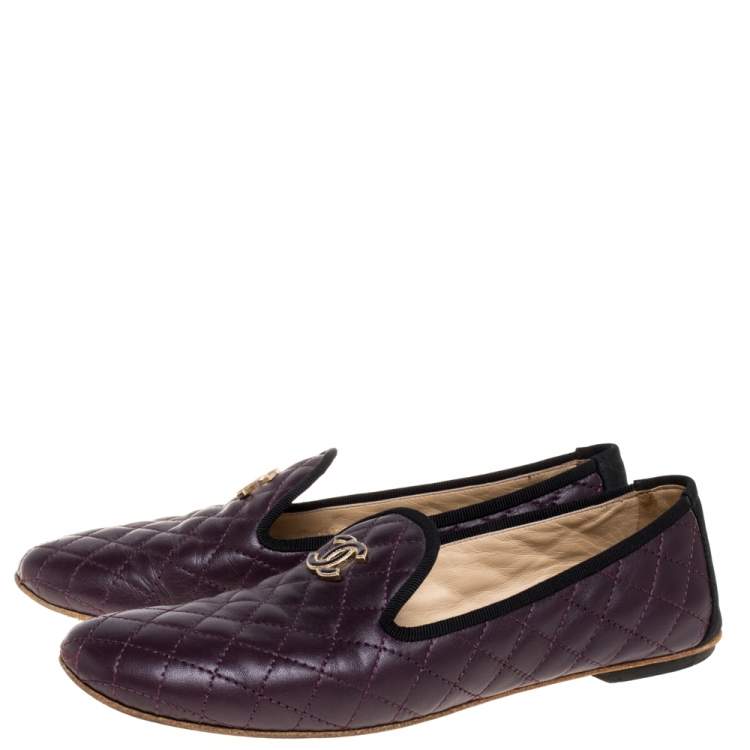 Pre Owned Chanel Burgundy Quilted Leather CC Smoking Slippers Size 38.5
