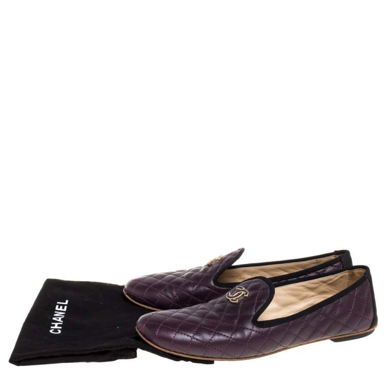 Pre Owned Chanel Burgundy Quilted Leather CC Smoking Slippers Size 38.5