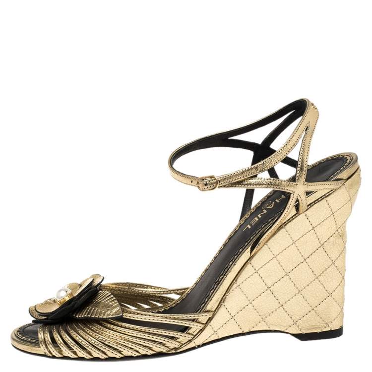 Chanel Metallic Gold Leather Faux Pearl Camellia Strappy Ankle Strap Wedge  Sandals Size 39 Chanel