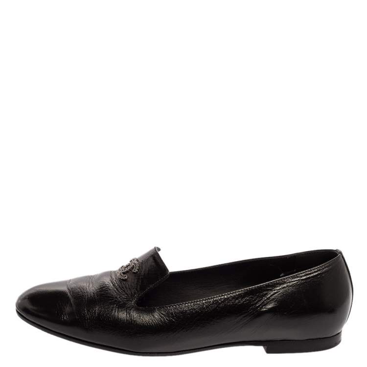 Pre Owned Chanel Black Leather CC Slip On Loafers Size 39.5