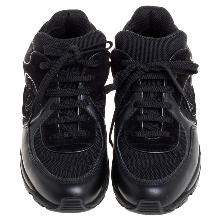 Pre Owned Chanel Black Leather, Suede And Mesh CC Lace Up Sneakers Size 37