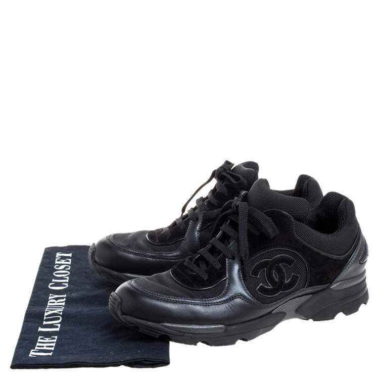 Pre Owned Chanel Black Leather, Suede And Mesh CC Lace Up Sneakers Size 37