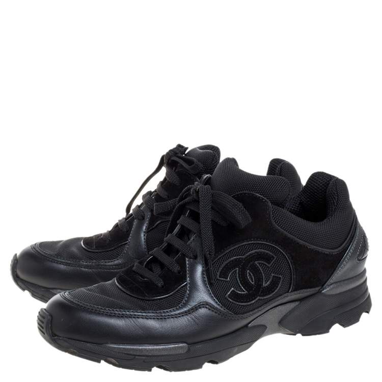 Pre Owned Chanel Black Leather, Suede And Mesh CC Lace Up Sneakers Size 37