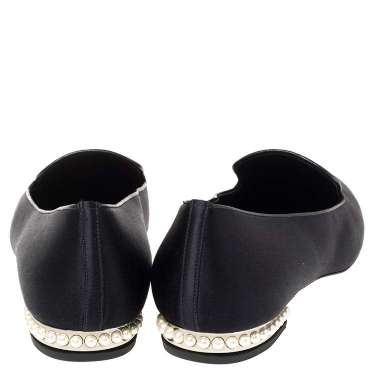 Pre Owned Chanel Navy Blue Satin Crystal Embellished CC Smoking Slippers Size 40.5