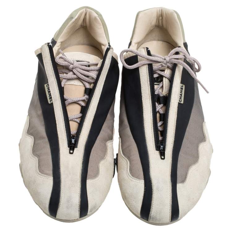Pre Owned Chanel Black/Beige Leather And Fabric Zipper/Lace Sneakers Size 40