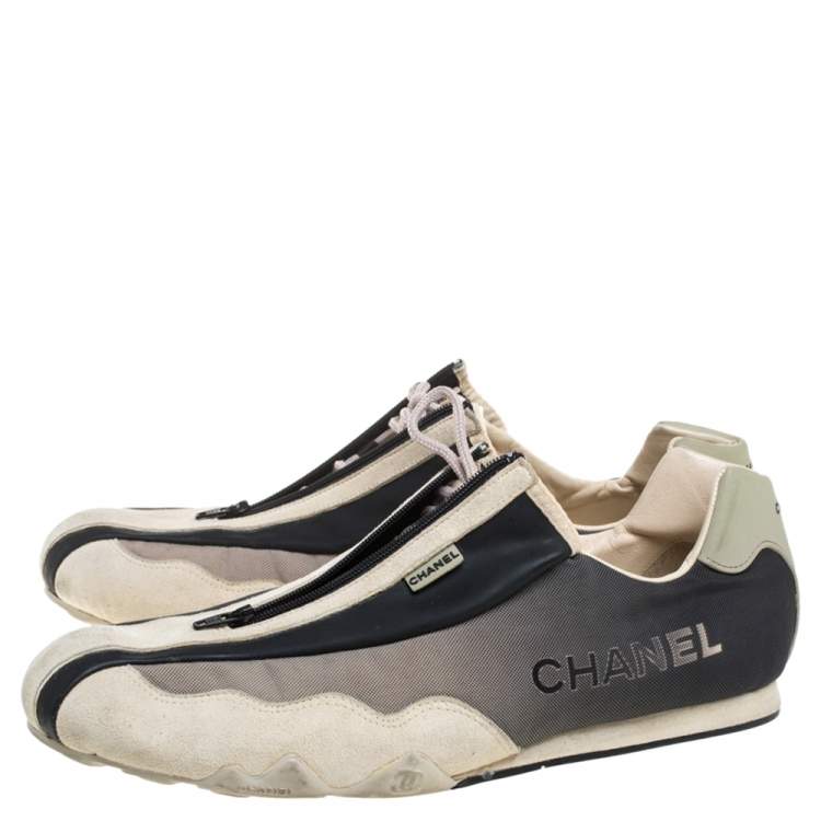 Pre Owned Chanel Black/Beige Leather And Fabric Zipper/Lace Sneakers Size 40