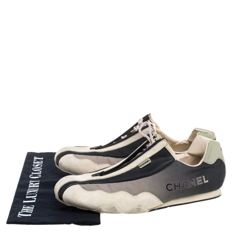 Pre Owned Chanel Black/Beige Leather And Fabric Zipper/Lace Sneakers Size 40