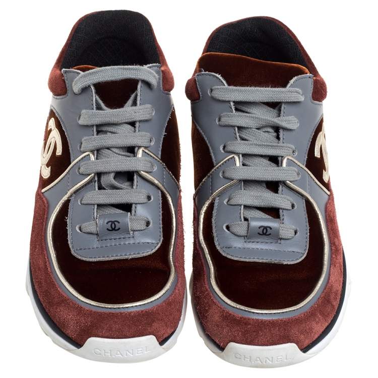 Pre Owned Chanel Multiclor Suede Leather And Velvet CC Low-Top Sneakers Size 36