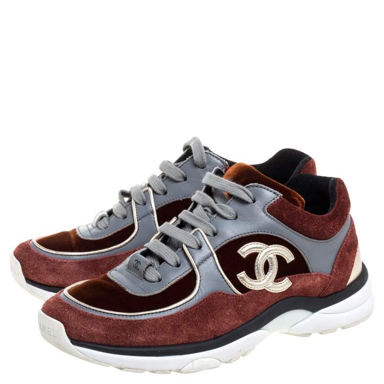 Pre Owned Chanel Multiclor Suede Leather And Velvet CC Low-Top Sneakers Size 36