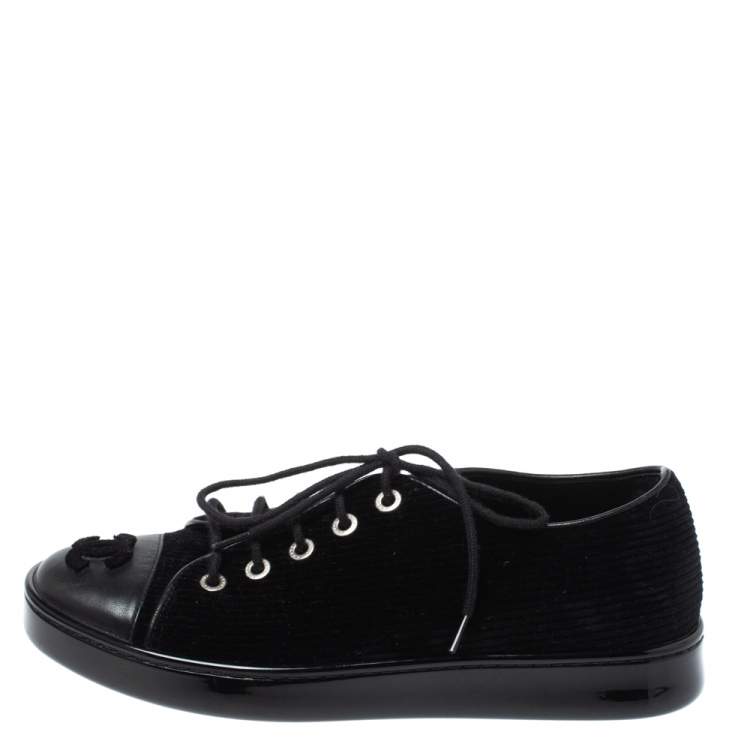 Pre Owned Chanel Black Velvet and Leather CC Sneakers Size 35
