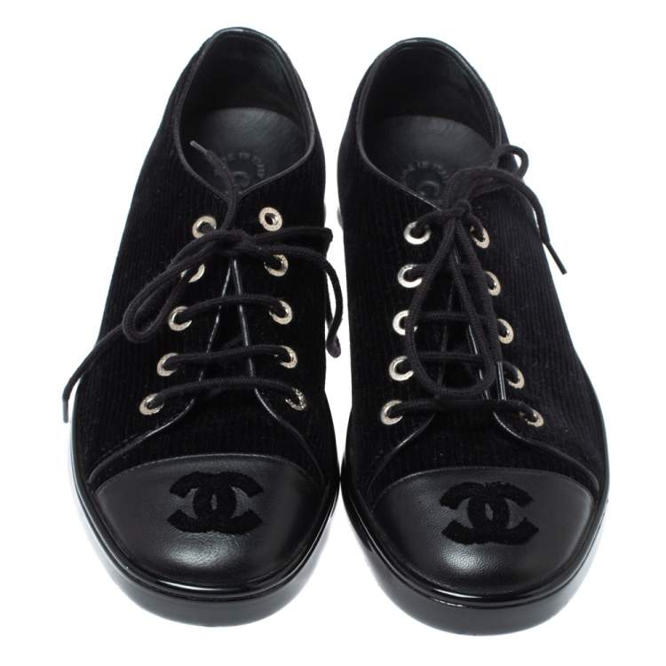 Pre Owned Chanel Black Velvet and Leather CC Sneakers Size 35