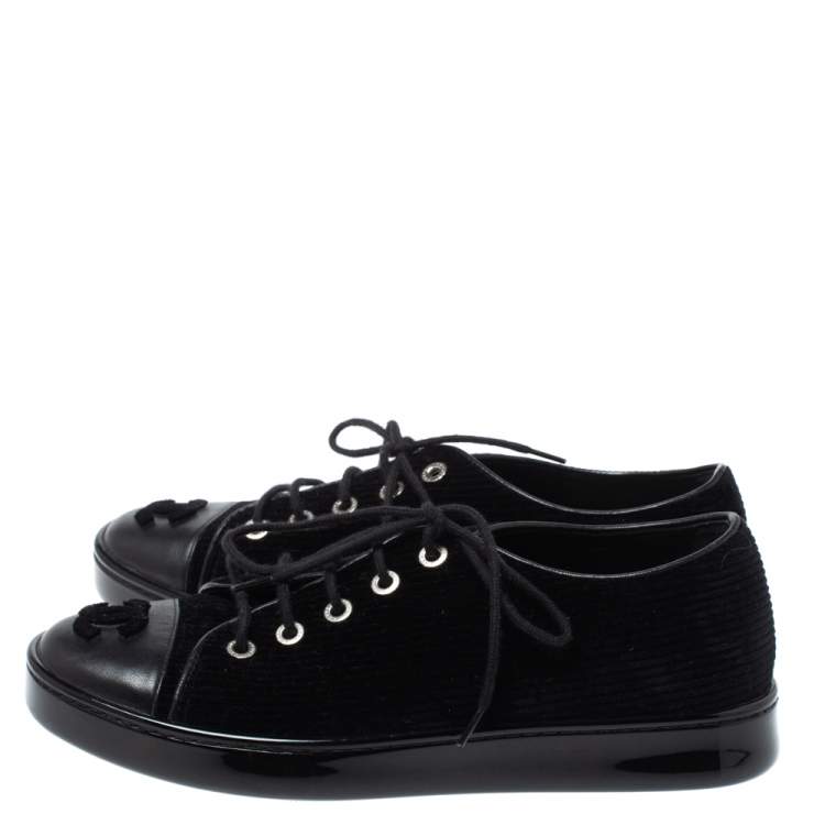Pre Owned Chanel Black Velvet and Leather CC Sneakers Size 35