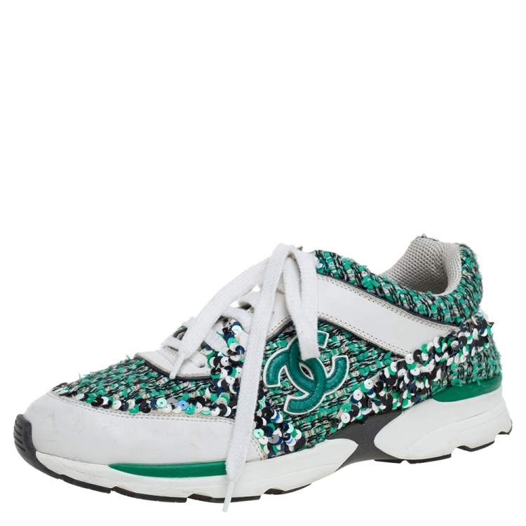 Chanel Green/White Tweed/Leather and Sequins Low Top CC Sneakers Size 40  Chanel | The Luxury Closet