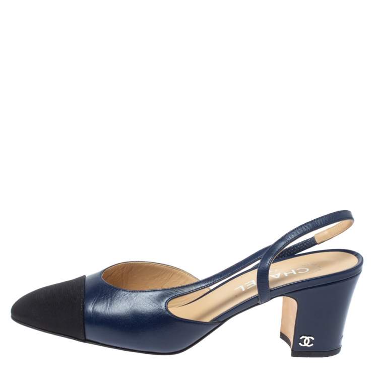 Chanel Blue Leather And Black Canvas CC Cap Toe Slingback Sandals