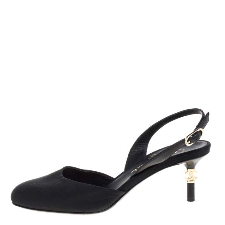 Chanel Black Canvas CC Heels Slingback Sandals Size 36 Chanel