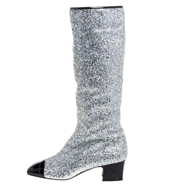 Chanel Silver Glitter Fantasy Knee Boots Size 41C Chanel