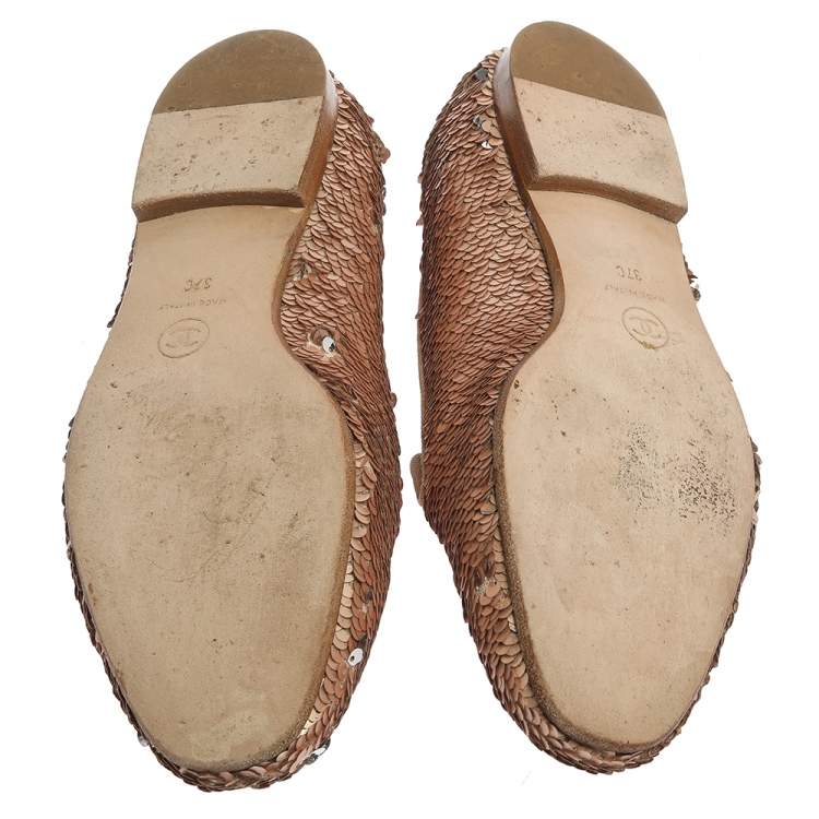 Pre Owned Chanel Rose Gold Sequin CC Smoking Slipper Loafers Size 37