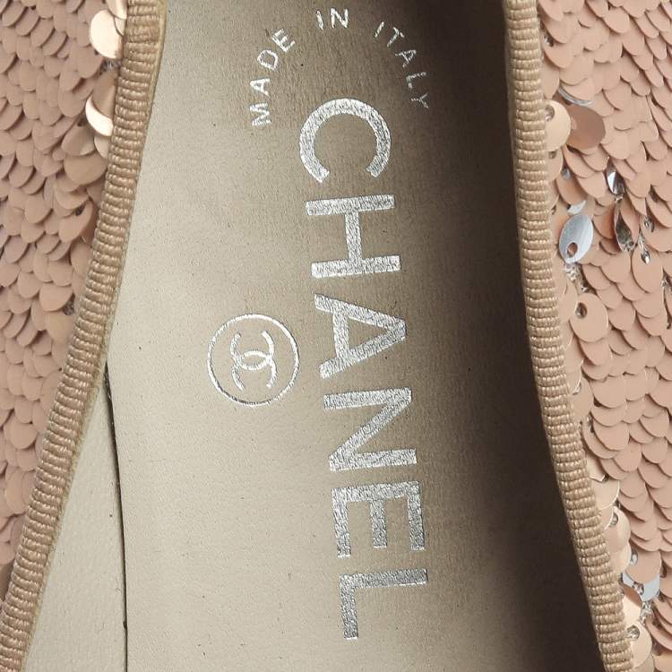 Pre Owned Chanel Rose Gold Sequin CC Smoking Slipper Loafers Size 37