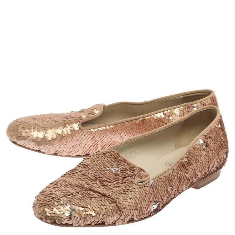 Pre Owned Chanel Rose Gold Sequin CC Smoking Slipper Loafers Size 37