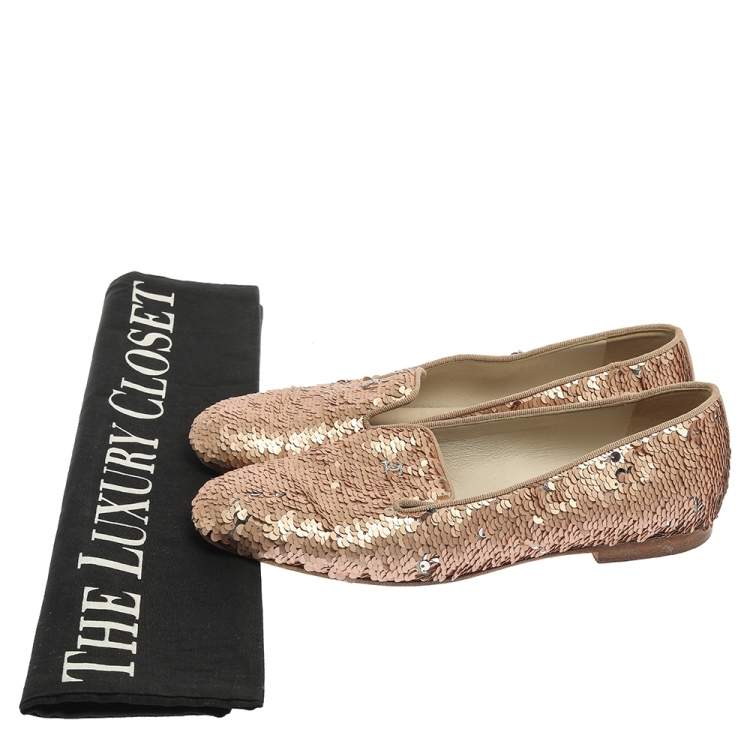 Pre Owned Chanel Rose Gold Sequin CC Smoking Slipper Loafers Size 37