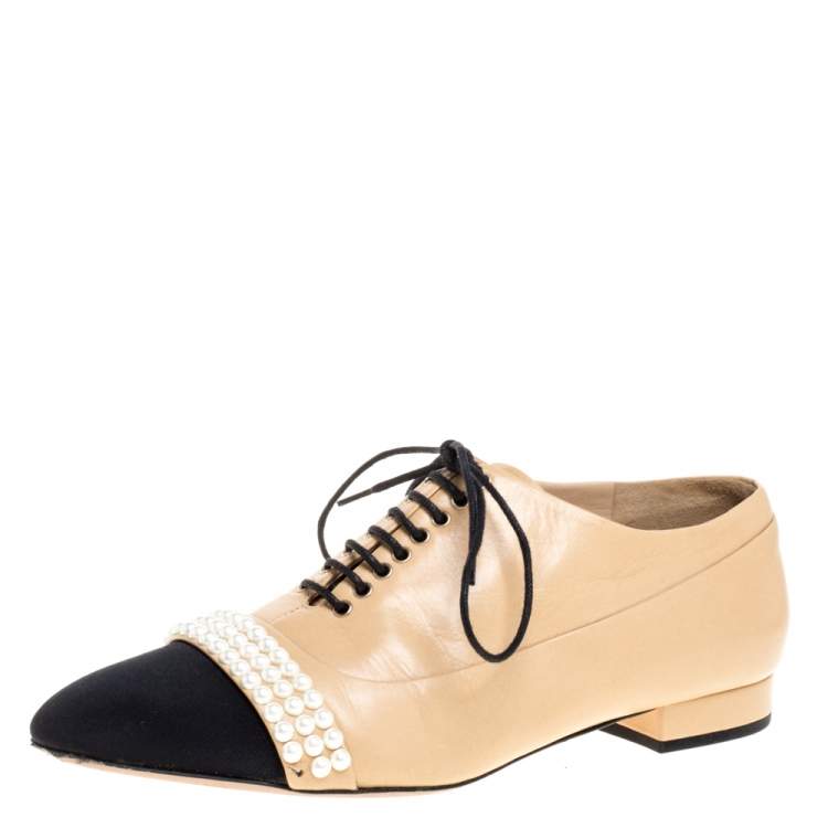 Chanel Beige/Black Leather Pearl Embellished Cap Toe Lace Oxfords Size 37  Chanel | The Luxury Closet