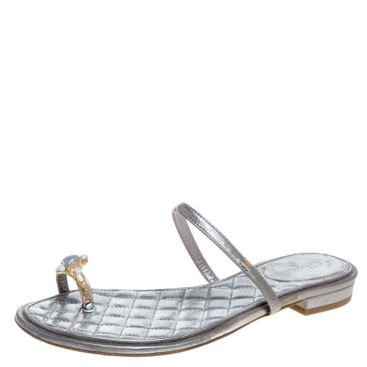 Chanel Silver Leather Enamel Embellished Toe Ring Flat Sandals Size 36  Chanel | TLC