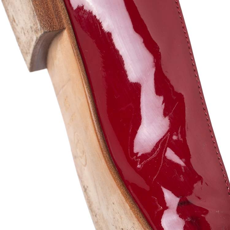 Pre Owned Chanel Red/White Patent Leather Chain-link Loafers Size 38.5