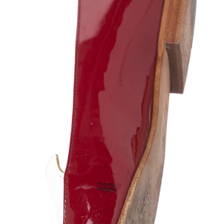 Pre Owned Chanel Red/White Patent Leather Chain-link Loafers Size 38.5