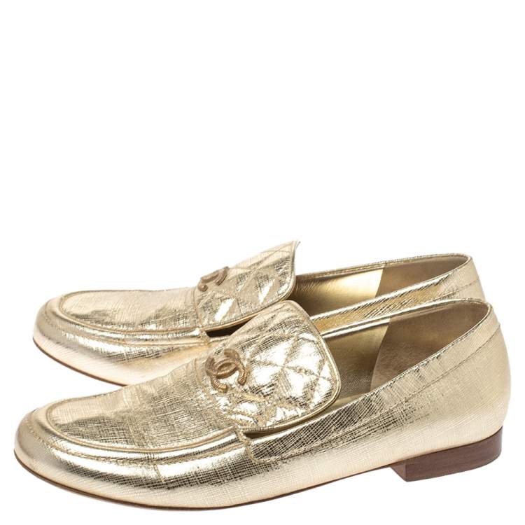 Pre Owned Chanel Metallic Gold Textured Leather CC Loafers Size 38