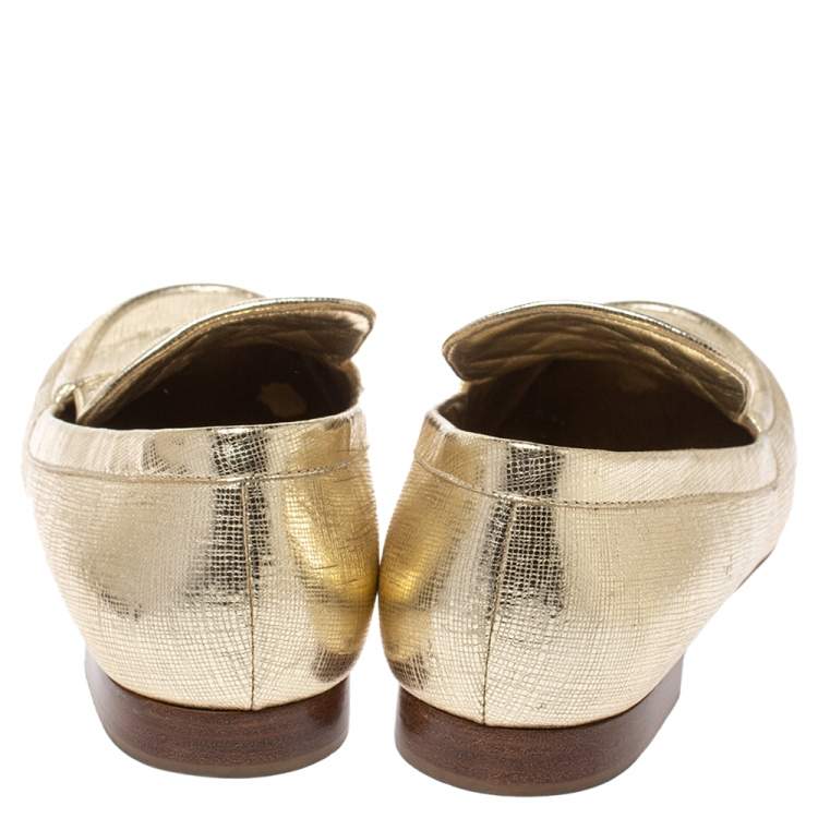 Pre Owned Chanel Metallic Gold Textured Leather CC Loafers Size 38