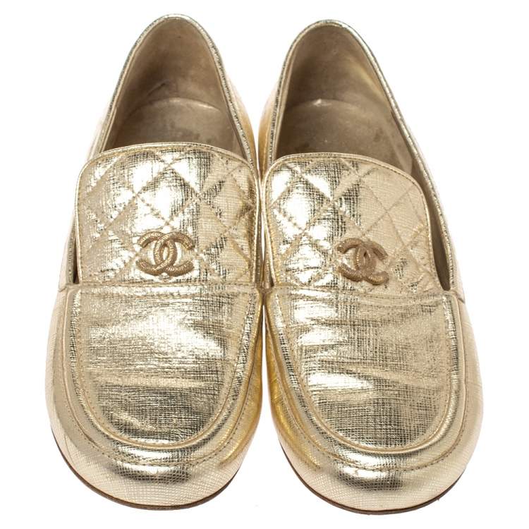 Pre Owned Chanel Metallic Gold Textured Leather CC Loafers Size 38