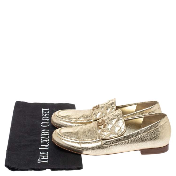 Pre Owned Chanel Metallic Gold Textured Leather CC Loafers Size 38