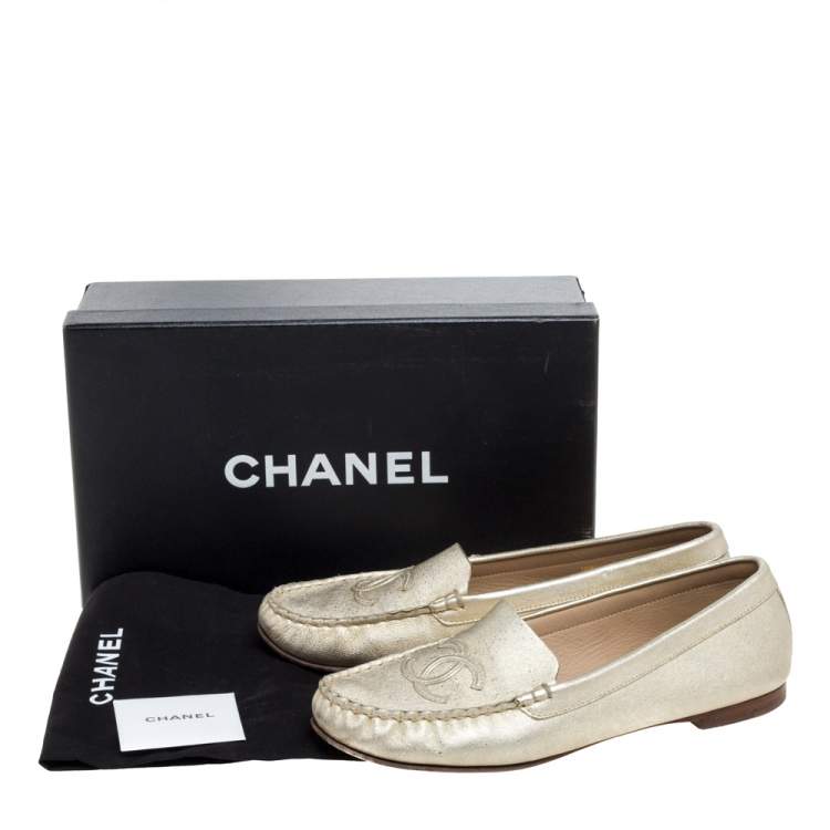 Pre Owned Chanel Shimmery Gold Leather CC Loafers Size 38