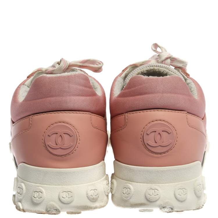 Pre Owned Chanel Pink/White Mesh And Leather CC Low Top Sneakers Size 40.5