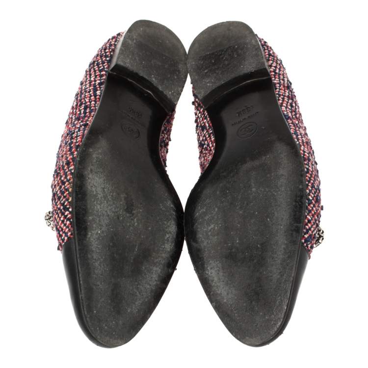 Pre Owned Chanel Multicolor Tweed And Leather Chain Charms Cap Toe Smoking Slippers Size 38.5
