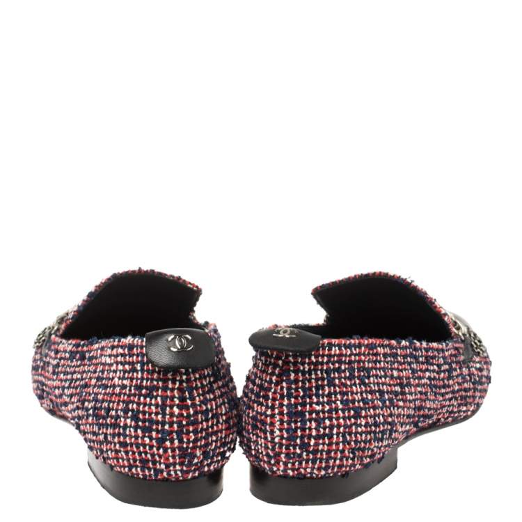 Pre Owned Chanel Multicolor Tweed And Leather Chain Charms Cap Toe Smoking Slippers Size 38.5