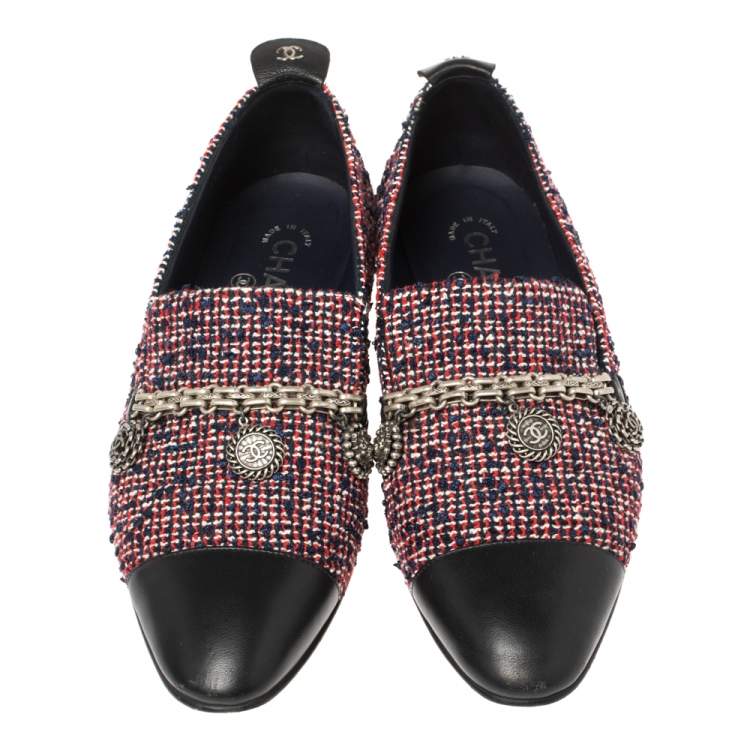 Pre Owned Chanel Multicolor Tweed And Leather Chain Charms Cap Toe Smoking Slippers Size 38.5