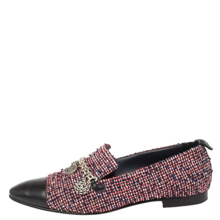 Pre Owned Chanel Multicolor Tweed And Leather Chain Charms Cap Toe Smoking Slippers Size 38.5
