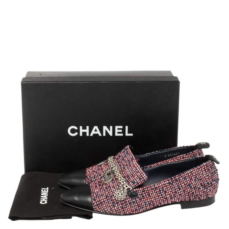 Pre Owned Chanel Multicolor Tweed And Leather Chain Charms Cap Toe Smoking Slippers Size 38.5