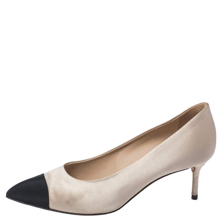 Chanel Beige/Black Satin Cap Toe Pumps Size  Chanel | TLC