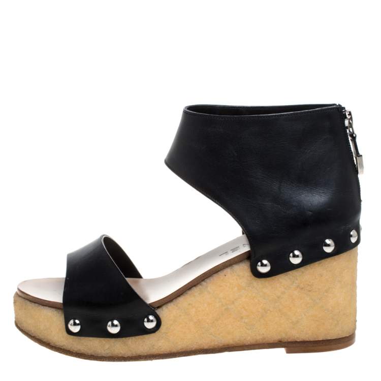 Chanel Black Leather Ankle Cuff Studded Platform Wedge Sandals