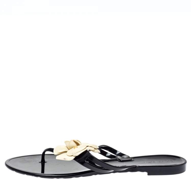 Chanel Grey Jelly Camellia Ankle Strap Thong Flat Sandals Size 36