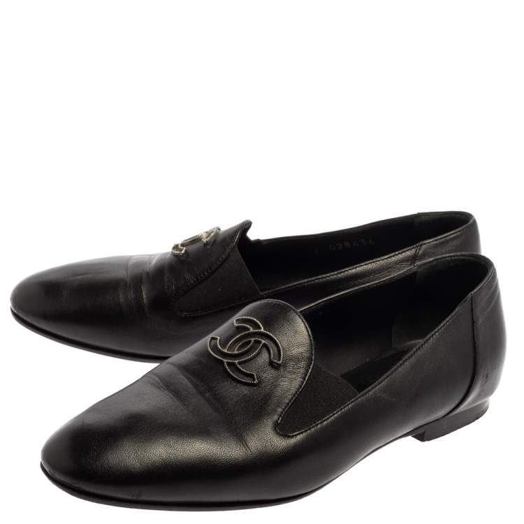Pre Owned Chanel Black Leather CC Slip On Loafers Size 35.5